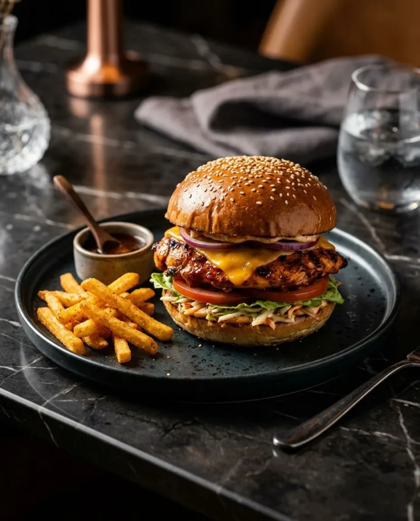 Grilled peri-peri chicken burger with melted cheddar, lettuce, tomato, slaw and a side of spiced fries