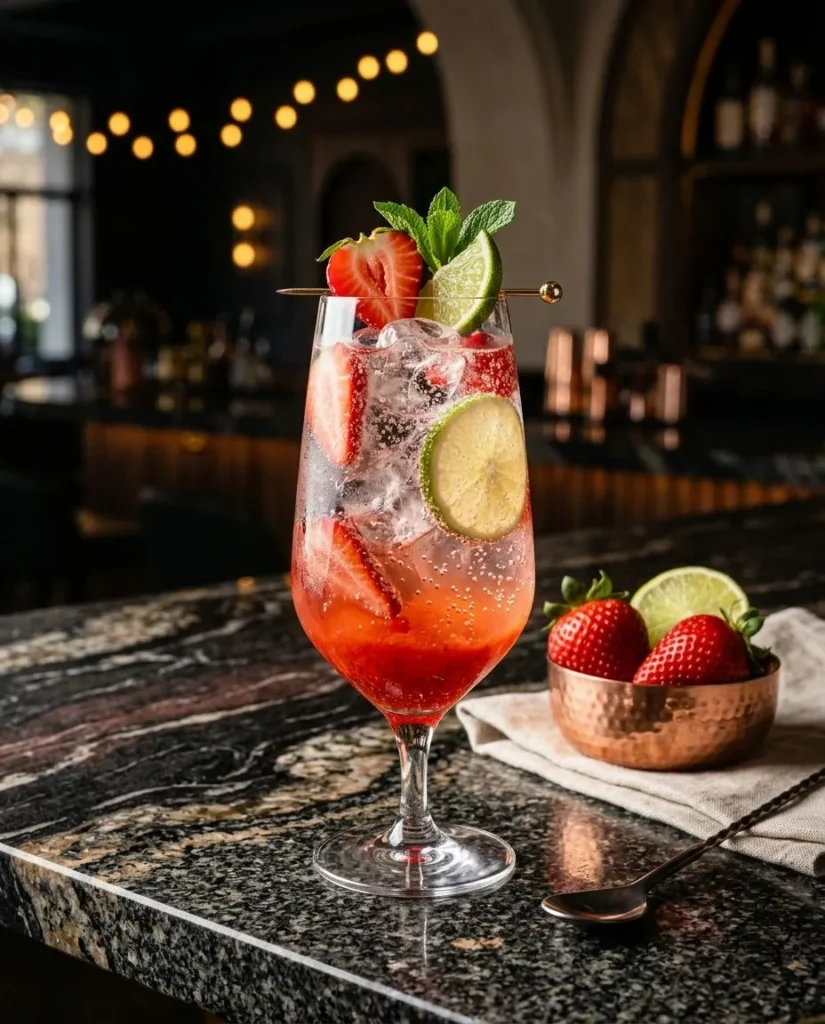 Strawberry-mint sparkling cooler in a stemmed glass with lime wheel and fresh strawberries
