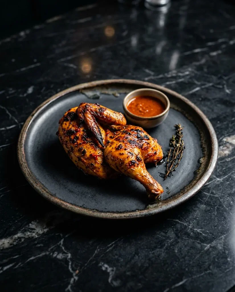 Half-spatchcock peri-peri chicken with a ramekin of bright orange peri-peri sauce and thyme on a dark plate