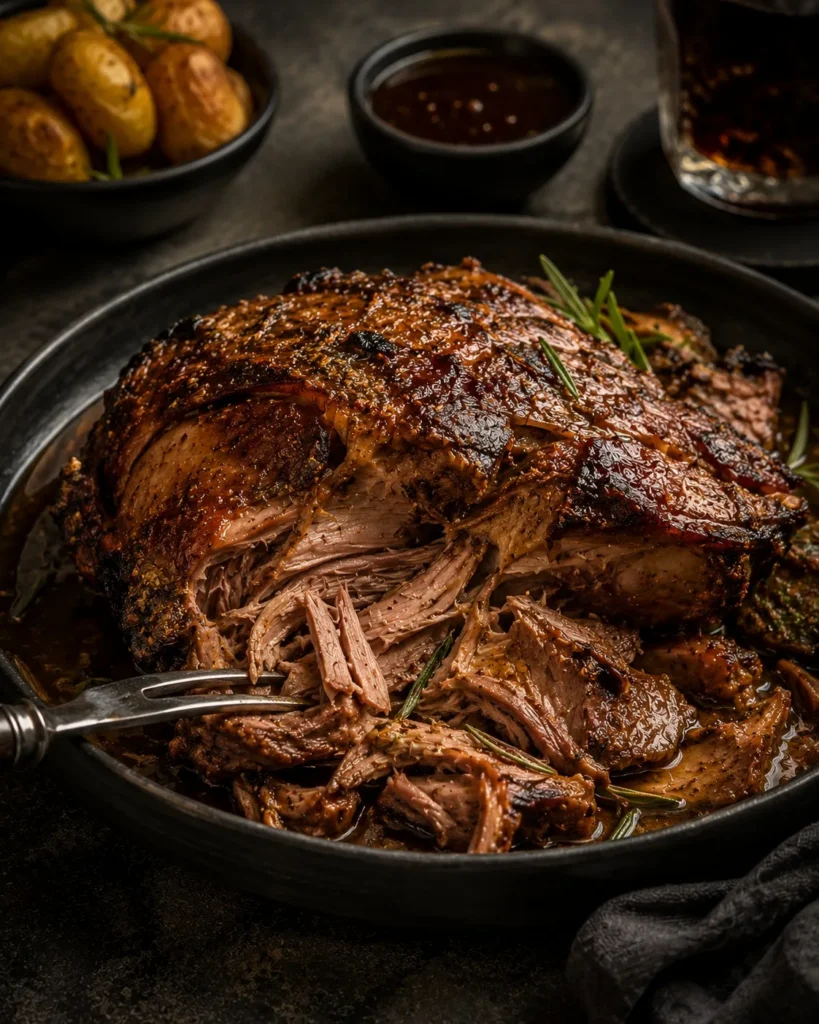 Pulled slow-roasted lamb shoulder in a cast-iron pan with rosemary and roast baby potatoes